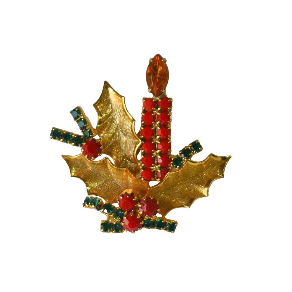 1960s Gold Plated Red Glass  Rhinestones Burning Christmas Candle Pin